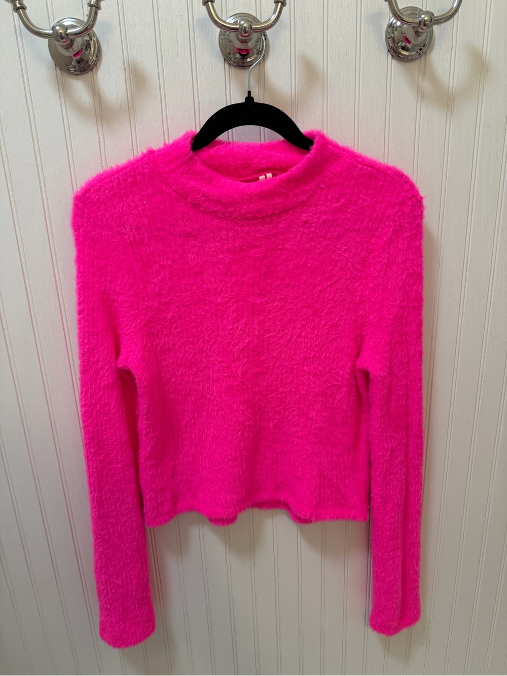 Fuzzy Mock Neck Long-Sleeve Top - Hot Pink